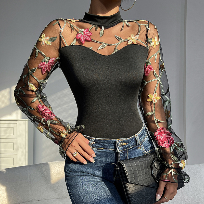 Brodate plasă mânecă bufantă perspectivă gol la modă mânecă lungă femeii transfrontaliere comerț exterior sexy Spice Girl slim-fit dintr-o bucată haine