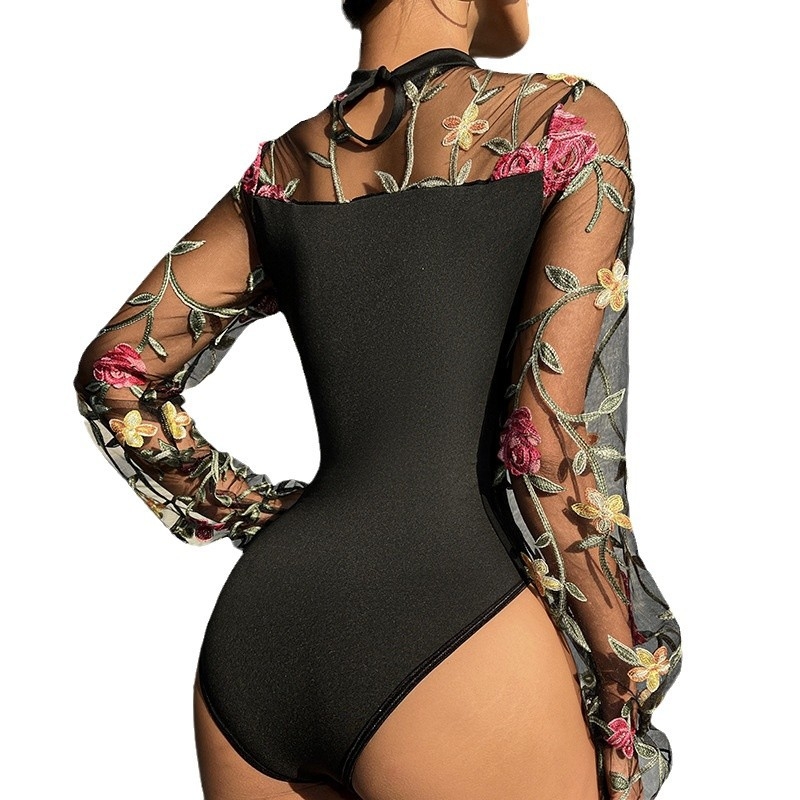 Brodate plasă mânecă bufantă perspectivă gol la modă mânecă lungă femeii transfrontaliere comerț exterior sexy Spice Girl slim-fit dintr-o bucată haine