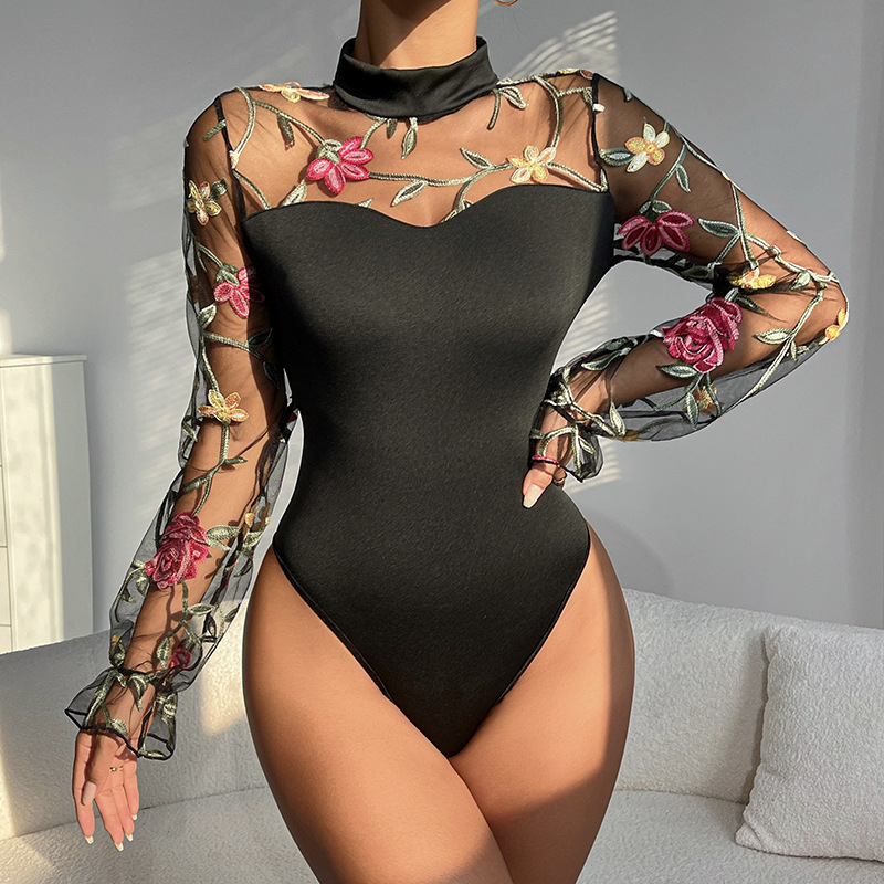 Brodate plasă mânecă bufantă perspectivă gol la modă mânecă lungă femeii transfrontaliere comerț exterior sexy Spice Girl slim-fit dintr-o bucată haine