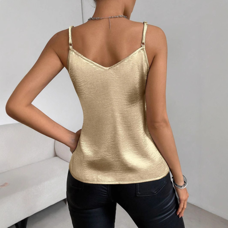 Top camisol din satin auriu pentru femei, vară, cu mânecă scurtă, Amazon, top casual sexy, nou, transfrontalier