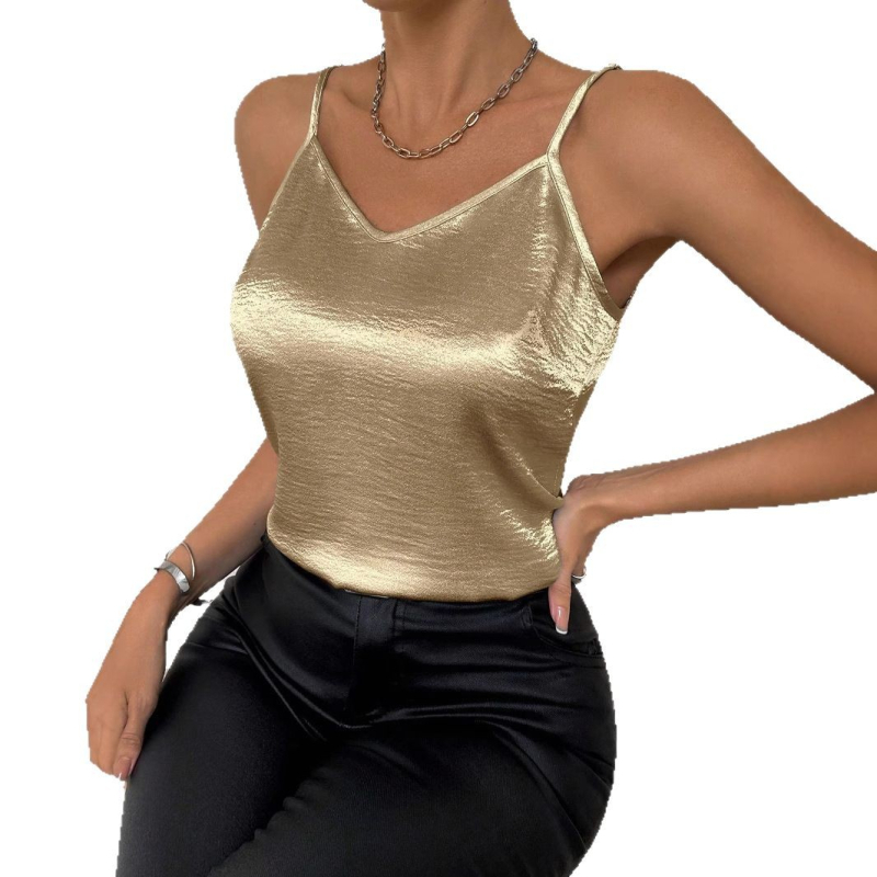 Top camisol din satin auriu pentru femei, vară, cu mânecă scurtă, Amazon, top casual sexy, nou, transfrontalier