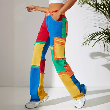 Φθινόπωρο και Χειμώνας, νέα προσωπικότητα, αμερικανικά πολύχρωμα street ραφή, ξεφτισμένα, all-match ψηλόμεσα τζιν παντελόνια, φαρδιά, ίσια, για γυναίκες.