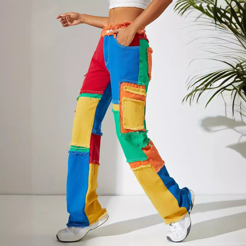 Φθινόπωρο και Χειμώνας, νέα προσωπικότητα, αμερικανικά πολύχρωμα street ραφή, ξεφτισμένα, all-match ψηλόμεσα τζιν παντελόνια, φαρδιά, ίσια, για γυναίκες.