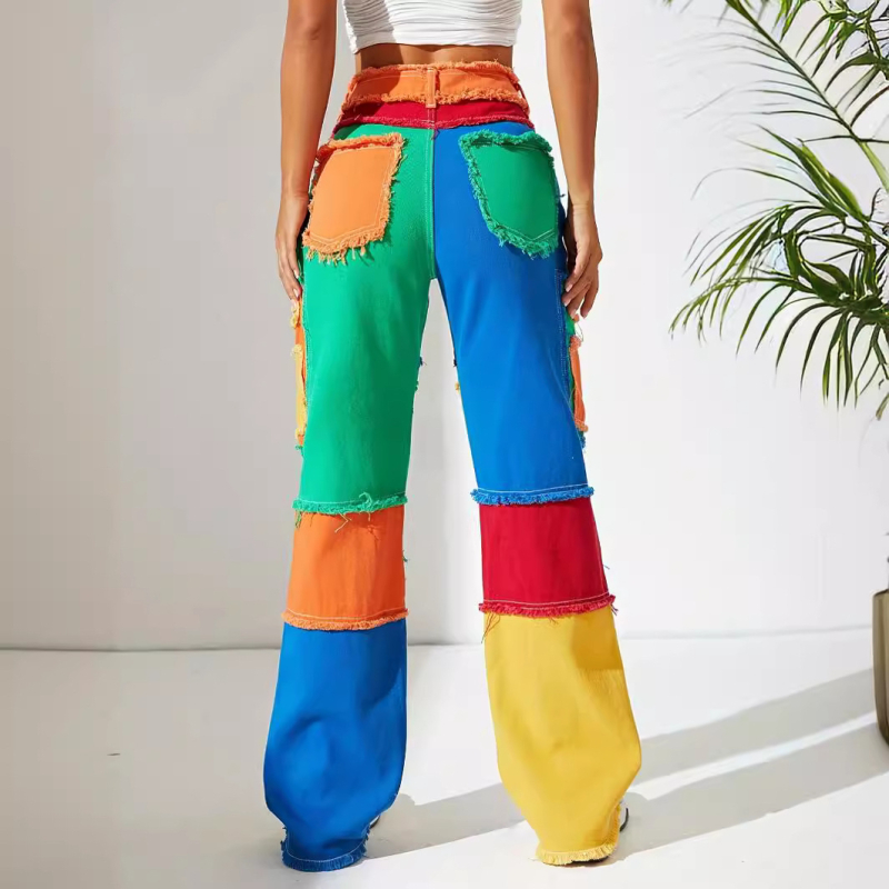 Φθινόπωρο και Χειμώνας, νέα προσωπικότητα, αμερικανικά πολύχρωμα street ραφή, ξεφτισμένα, all-match ψηλόμεσα τζιν παντελόνια, φαρδιά, ίσια, για γυναίκες.