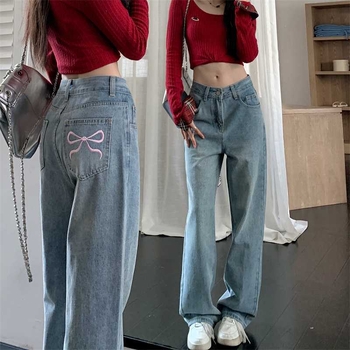 Pantaloni drepți cu talie înaltă și broderie cu funde, blugi albastru deschis, pantaloni de podea pentru femei, en-gros