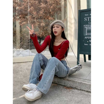 Pantaloni drepți cu talie înaltă și broderie cu funde, blugi albastru deschis, pantaloni de podea pentru femei, en-gros