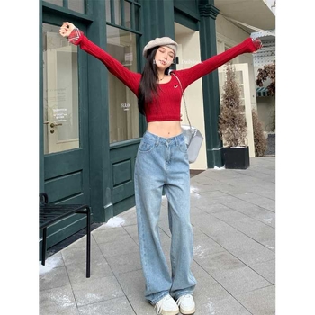 Pantaloni drepți cu talie înaltă și broderie cu funde, blugi albastru deschis, pantaloni de podea pentru femei, en-gros