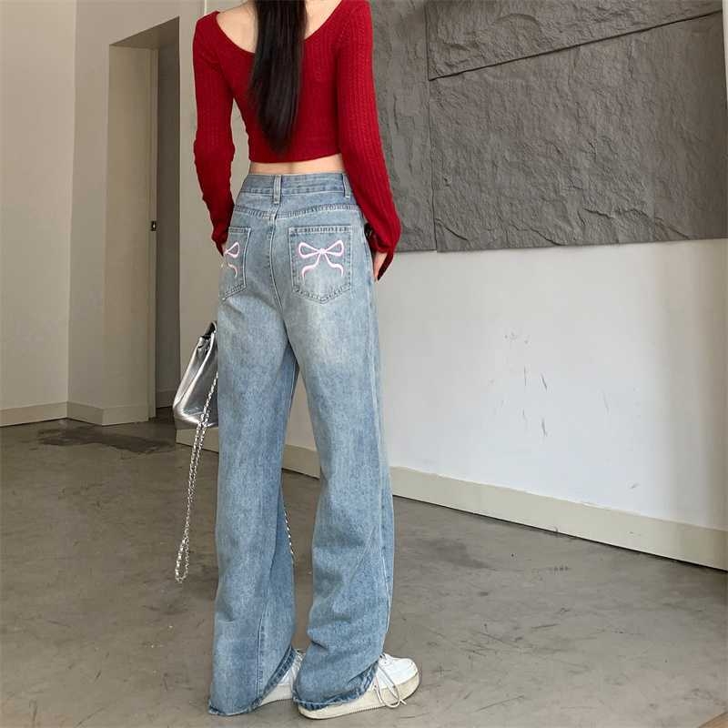 Pantaloni drepți cu talie înaltă și broderie cu funde, blugi albastru deschis, pantaloni de podea pentru femei, en-gros