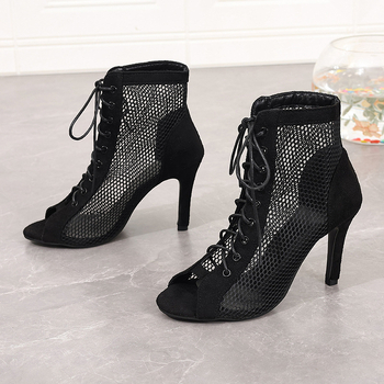 Sandale sexy cu toc stiletto, din plasă, scobite din material, cu șireturi, cu vârful deschis, mărimi mari, 2024