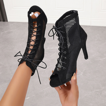 Sandale sexy cu toc stiletto, din plasă, scobite din material, cu șireturi, cu vârful deschis, mărimi mari, 2024