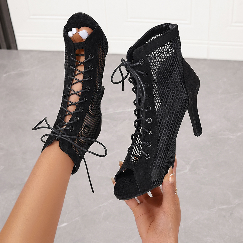 Sandale sexy cu toc stiletto, din plasă, scobite din material, cu șireturi, cu vârful deschis, mărimi mari, 2024