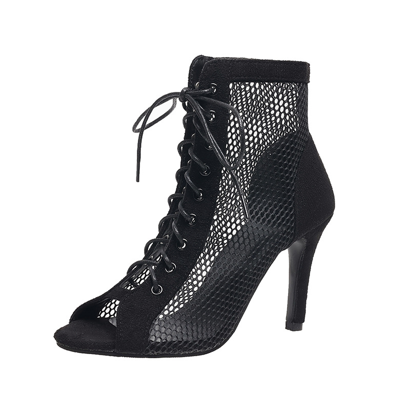 Sandale sexy cu toc stiletto, din plasă, scobite din material, cu șireturi, cu vârful deschis, mărimi mari, 2024