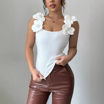 Dámske letné nové elegantné ležérne trojrozmerné kvetinové ozdobné pletené topy bez rukávov s európskymi a americkými cezhraničnými rukávmi