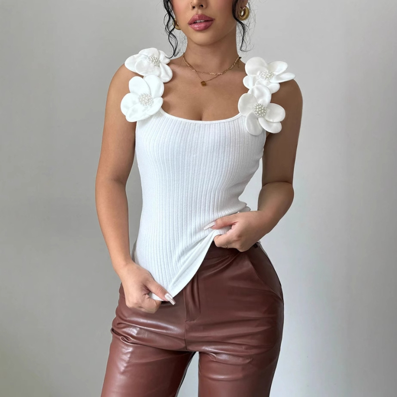 Dámske letné nové elegantné ležérne trojrozmerné kvetinové ozdobné pletené topy bez rukávov s európskymi a americkými cezhraničnými rukávmi