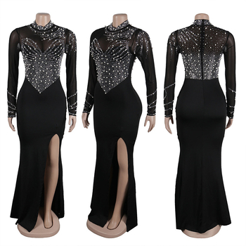 9680 Rochie de damă transfrontalieră europeană și americană, cu perle și stras, cu mânecă lungă, pentru talie, cu șold, divizată