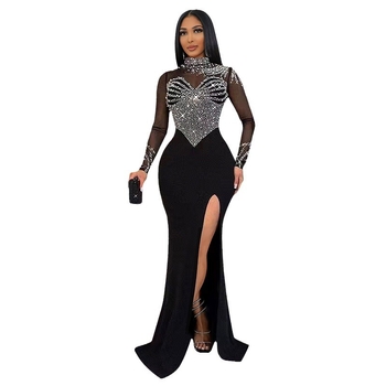 9680 Rochie de damă transfrontalieră europeană și americană, cu perle și stras, cu mânecă lungă, pentru talie, cu șold, divizată