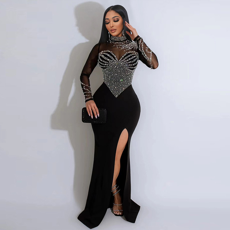 9680 Rochie de damă transfrontalieră europeană și americană, cu perle și stras, cu mânecă lungă, pentru talie, cu șold, divizată