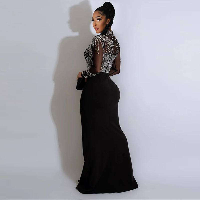 9680 Rochie de damă transfrontalieră europeană și americană, cu perle și stras, cu mânecă lungă, pentru talie, cu șold, divizată