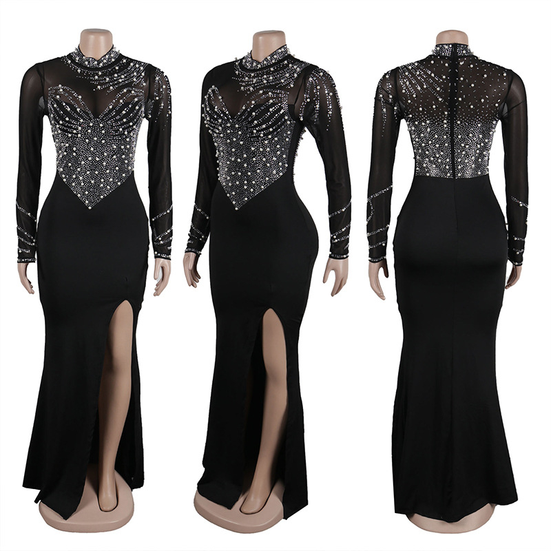 9680 Rochie de damă transfrontalieră europeană și americană, cu perle și stras, cu mânecă lungă, pentru talie, cu șold, divizată