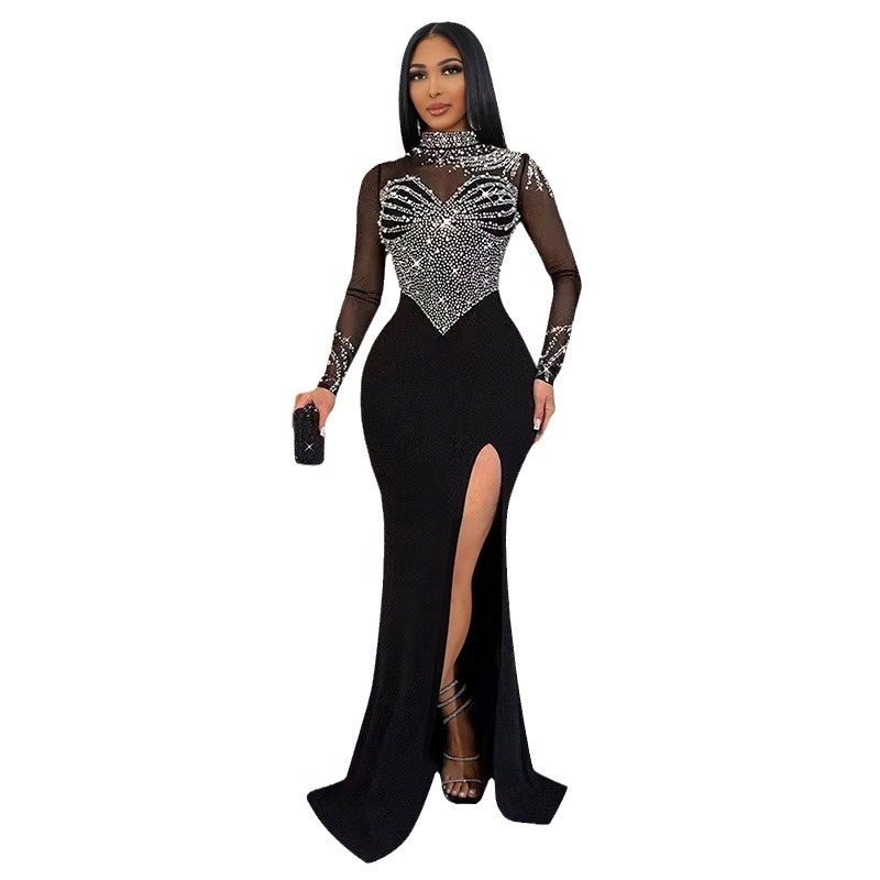 9680 Rochie de damă transfrontalieră europeană și americană, cu perle și stras, cu mânecă lungă, pentru talie, cu șold, divizată