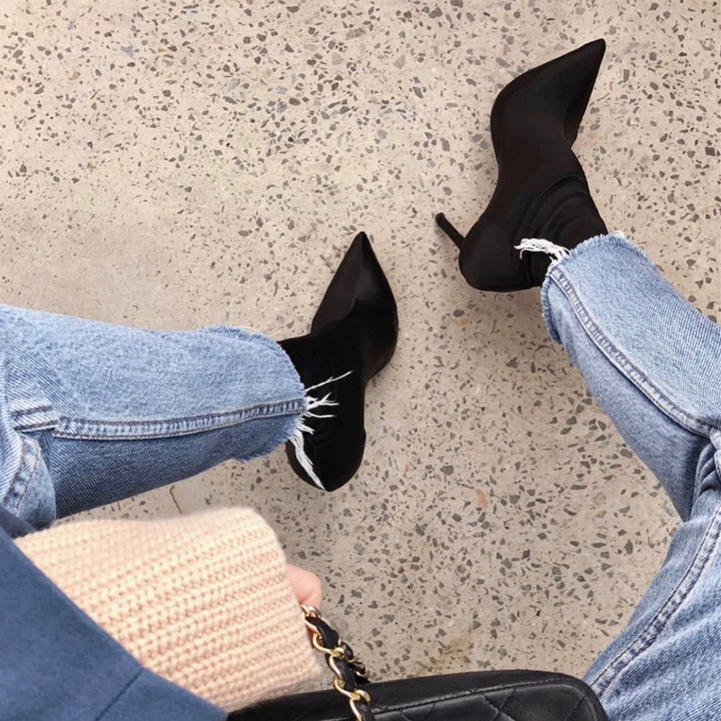 Letné čižmy s brožúrkou Ken Bean z elastickej látky s špicatým vzorom, dámske topánky na ihličkovom opätku, vysoké podpätky, úzke nohy, krátke čižmy