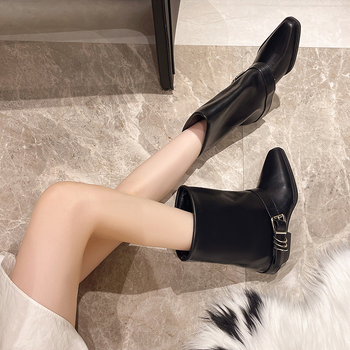 Cizme vintage cu toc gros, Martin, pantofi pentru femei, 2024, noi, negre, Spice Girls, cu cataramă de curea, aspect subțire, cizme western