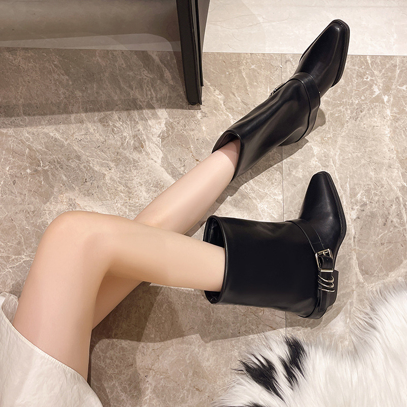 Cizme vintage cu toc gros, Martin, pantofi pentru femei, 2024, noi, negre, Spice Girls, cu cataramă de curea, aspect subțire, cizme western