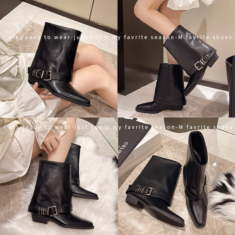 Cizme vintage cu toc gros, Martin, pantofi pentru femei, 2024, noi, negre, Spice Girls, cu cataramă de curea, aspect subțire, cizme western