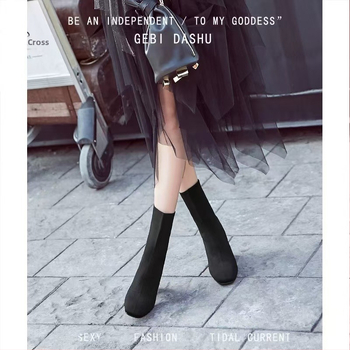 Cizme de damă cu toc gros și tricotate, cizme simple, toamna 2024, cizme noi cu vârful ascuțit, cizme de mijloc, șosete subțiri elastice