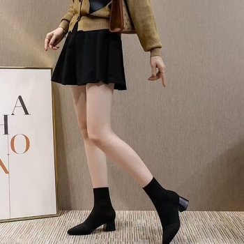 Cizme de damă cu toc gros și tricotate, cizme simple, toamna 2024, cizme noi cu vârful ascuțit, cizme de mijloc, șosete subțiri elastice