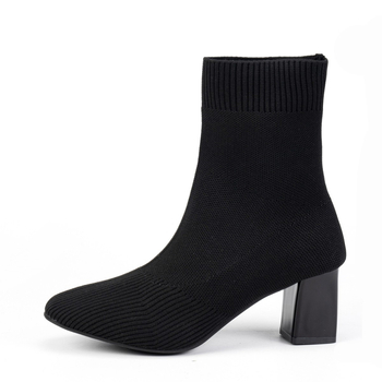 Cizme de damă cu toc gros și tricotate, cizme simple, toamna 2024, cizme noi cu vârful ascuțit, cizme de mijloc, șosete subțiri elastice