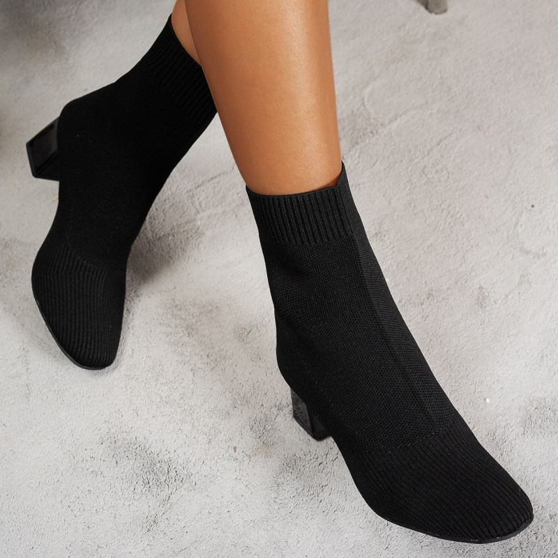 Cizme de damă cu toc gros și tricotate, cizme simple, toamna 2024, cizme noi cu vârful ascuțit, cizme de mijloc, șosete subțiri elastice