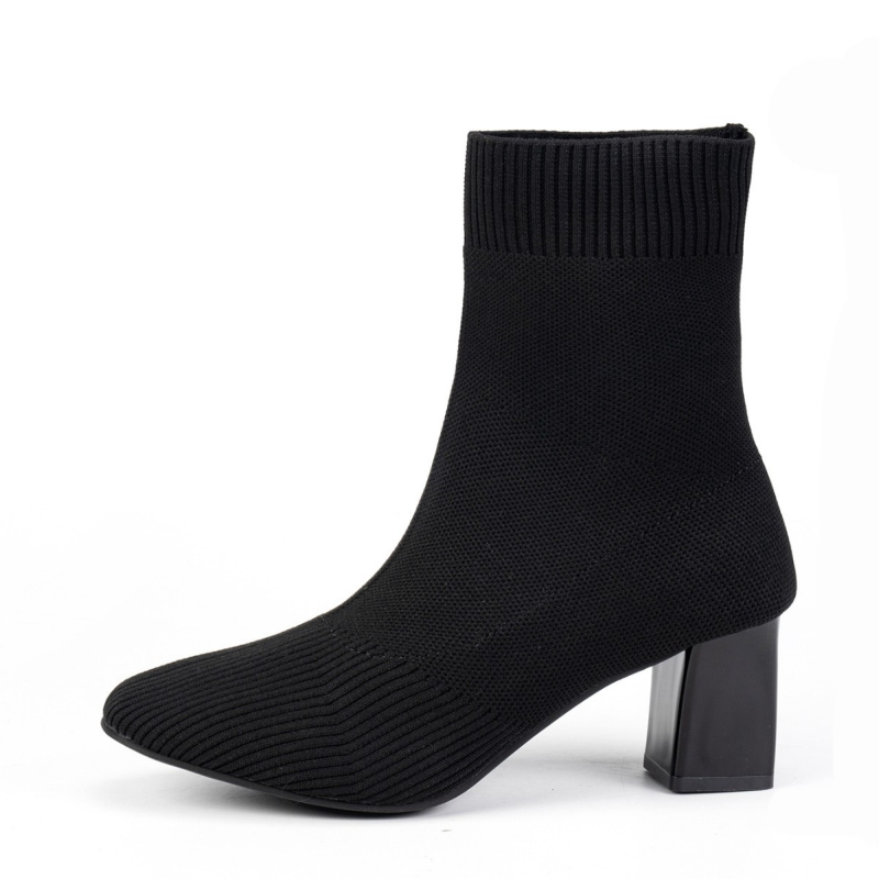 Cizme de damă cu toc gros și tricotate, cizme simple, toamna 2024, cizme noi cu vârful ascuțit, cizme de mijloc, șosete subțiri elastice
