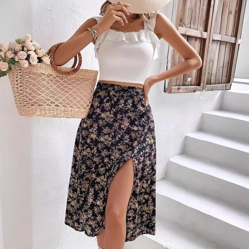 Fustă nouă cu imprimeu pentru femei, elegantă, cu temperament floral, vara 2024, comerț exterior transfrontalier european și american, en-gros