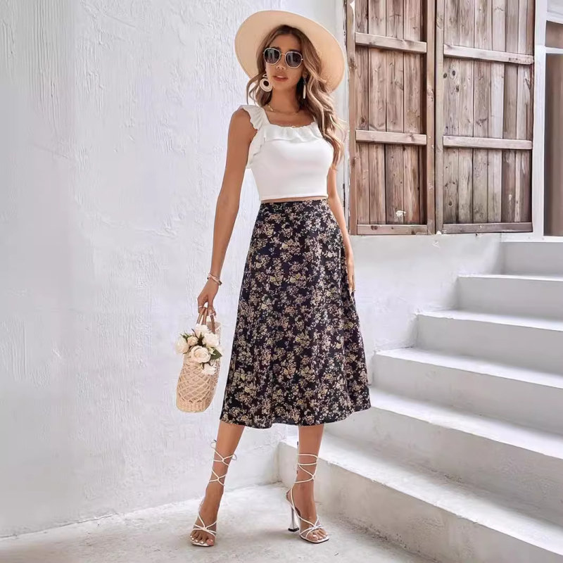 Fustă nouă cu imprimeu pentru femei, elegantă, cu temperament floral, vara 2024, comerț exterior transfrontalier european și american, en-gros