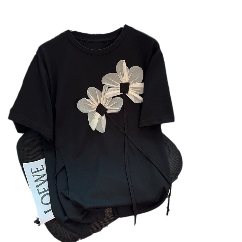 Dámske tričko s trojrozmerným kvetinovým vzorom, okrúhlym výstrihom a krátkym rukávom, nové, kórejské, 2023, nepravidelné rozdelenie, voľný top