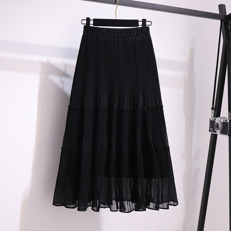 Fustă plisată din șifon 2024 primăvara și vara nouă sosire fustă îmbinată lejeră talie înaltă lungime medie culoare solidă fustă lungă pentru studenți pentru femei