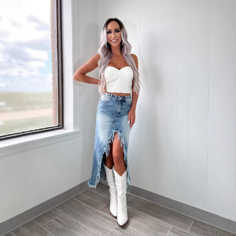 Cezhraničná Amazonka 2025 Európa a Spojené štáty jar a leto nová vysoká pásová sukňa s hrubým otvorom a rozdelenými bokmi s denimom