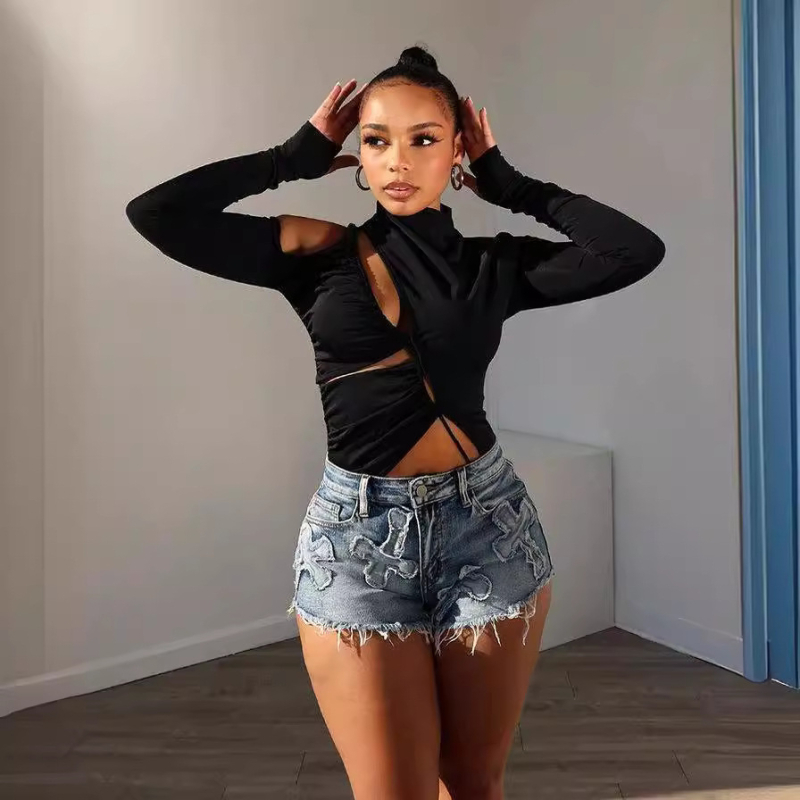 Nové džínsové šortky F88551, európske a americké, horúce predaje na Amazone, vyšívané elastické krížové džínsové šortky