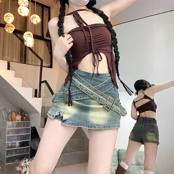 Гореща момичешка ретро дънкова пола, дамска лятна нова пола с А-силует и висока талия, къса пола до ханша, 2025 г.