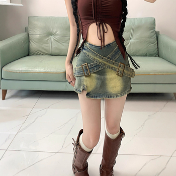 Гореща момичешка ретро дънкова пола, дамска лятна нова пола с А-силует и висока талия, къса пола до ханша, 2025 г.