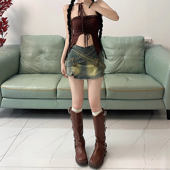 Гореща момичешка ретро дънкова пола, дамска лятна нова пола с А-силует и висока талия, къса пола до ханша, 2025 г.