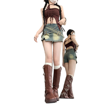 Гореща момичешка ретро дънкова пола, дамска лятна нова пола с А-силует и висока талия, къса пола до ханша, 2025 г.