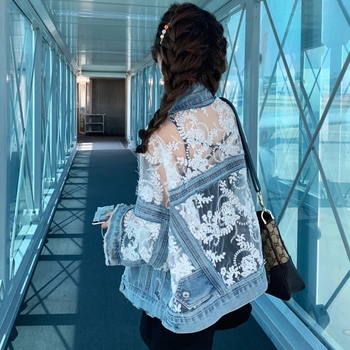 Γυναικεία Ρούχα με Κέντημα και Σκισίματα 2020 Νέο Τζιν Μπουφάν Γυναικείο Καλοκαιρινό Τζιν με Δαντέλα και Ρούχα με Αντηλιακή Προστασία από τον Ήλιο Ins Top