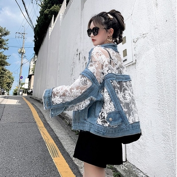 Γυναικεία Ρούχα με Κέντημα και Σκισίματα 2020 Νέο Τζιν Μπουφάν Γυναικείο Καλοκαιρινό Τζιν με Δαντέλα και Ρούχα με Αντηλιακή Προστασία από τον Ήλιο Ins Top