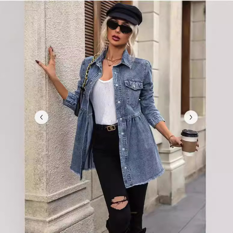 „Crossborder“ pavasario ir rudens nauji „Amazon Independent Station“ skalbti ilgomis rankovėmis neapdorotu kraštu džinsiniai marškiniai-viršutiniai moteriški džinsiniai švarkai