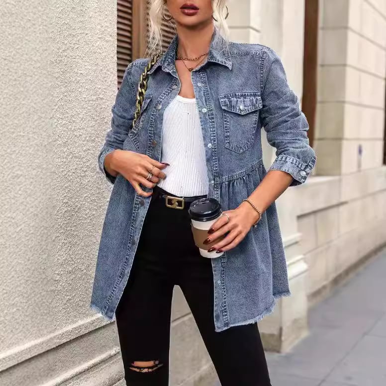 Transfrontaliere primăvară și toamnă nouă Amazon Independent Station spălate cu mânecă lungă și margine brută din denim cămașă topuri femei jachetă din denim