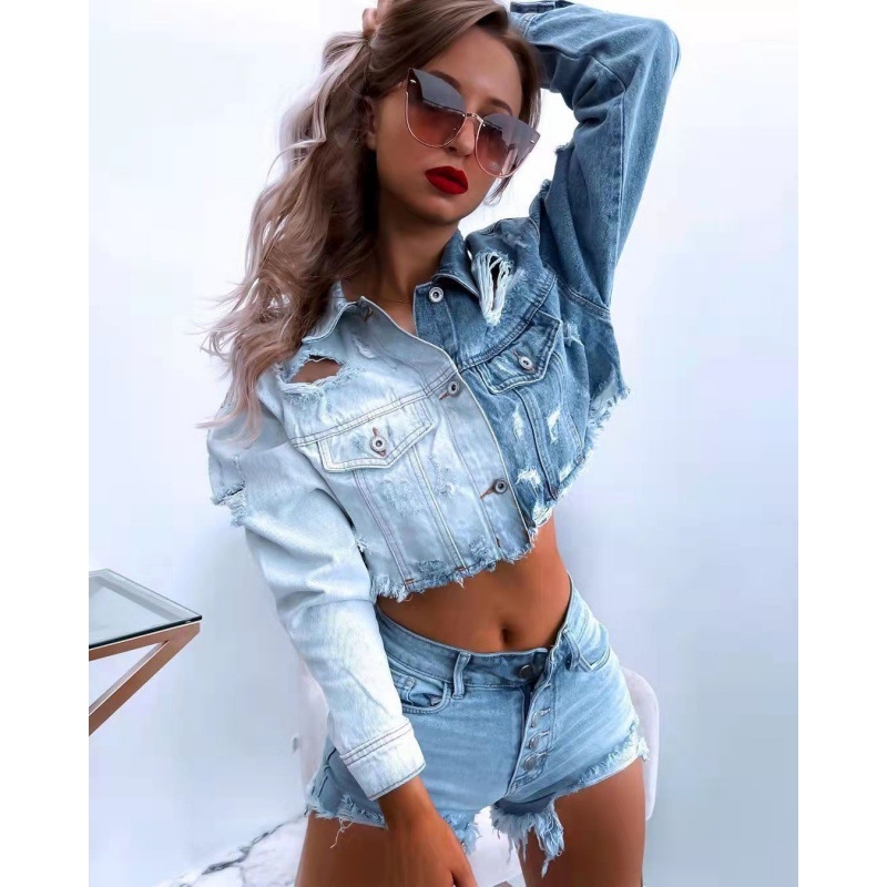 Jachetă din denim pentru femei, nouă, elegantă, cu gradient, spălată și zdrențuită, Aliexpress Amazon Export