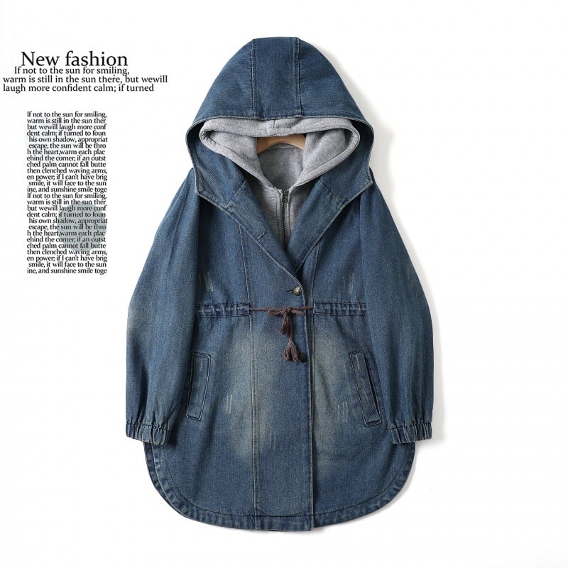 Jachetă de damă cu glugă, din două piese, lejeră, casual, cu șnur, talie reglabilă, cu mânecă lungă, din denim, top pentru femei, 2022