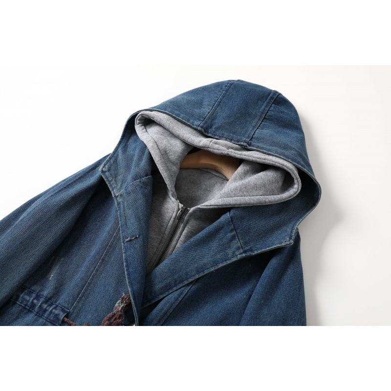 2022. aasta uus kapuutsiga kaheosaline lahtine naiste jope vabaaja pingutusnööriga reguleeritava vöökohaga pikkade varrukatega teksariidest naiste topp